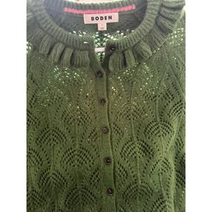 Boden Womens Green Pointelle Knit Ruffle Collar Cardigan Sweater Size S